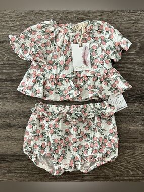 Jessica Simpson Peach Print Gauze Cotton Matching Set Baby Girl Outfit 0-3m NWT